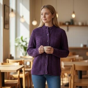 L.L. Bean Women's Sweater Cable‎ Knit Purple Button Front Collarless Cotton Med